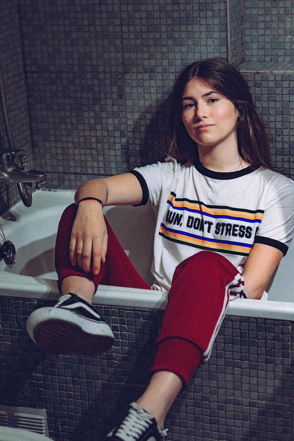 vintage picture in a bathtub, 90s style, adidas originals