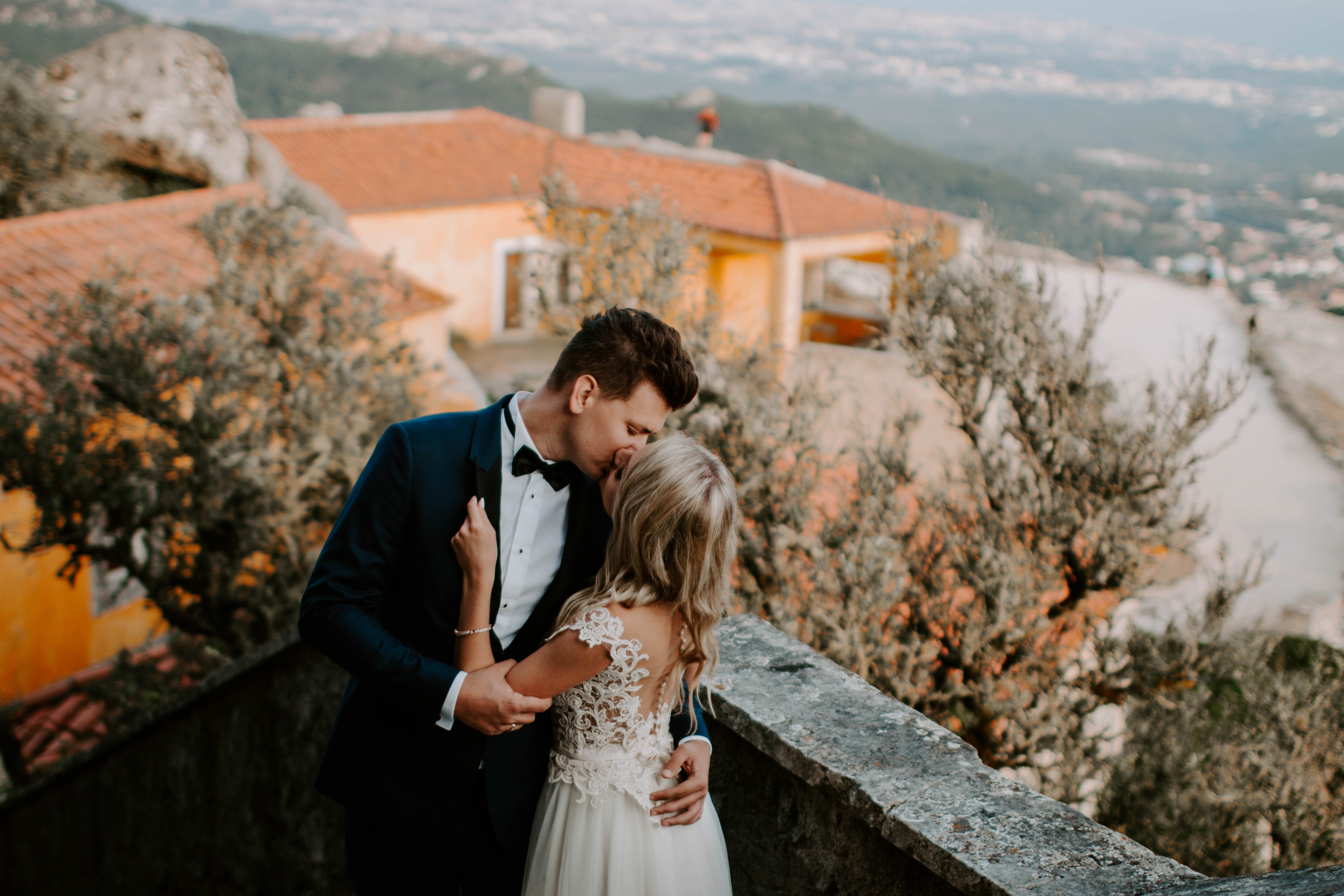  wedding couple posing in a castle